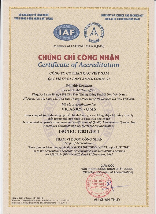 Chứng chỉ công nhận BOA - VPĐD - Công Ty Cổ Phần QAC Việt Nam